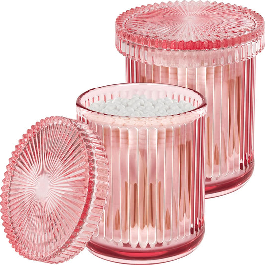 2 Pack Qtip Holders for Bathroom, Clear Glass Apothecary Jars with Lids,Vintage Bathroom Canisters for Cotton Balls,Swabs,Floss Picks,Hair Ties,Vanity Organizer and Storage Decor (Pink)