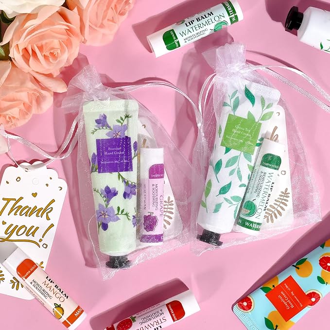AZEN 100 Sets Hand Cream Bulk and Lip Balm Bulk Set, Bridal Shower Gifts for Guests with Organza Bag Thank You Card, Thank You Gifts for Coworkers Women Men, Bridal Wedding Favors for Guests