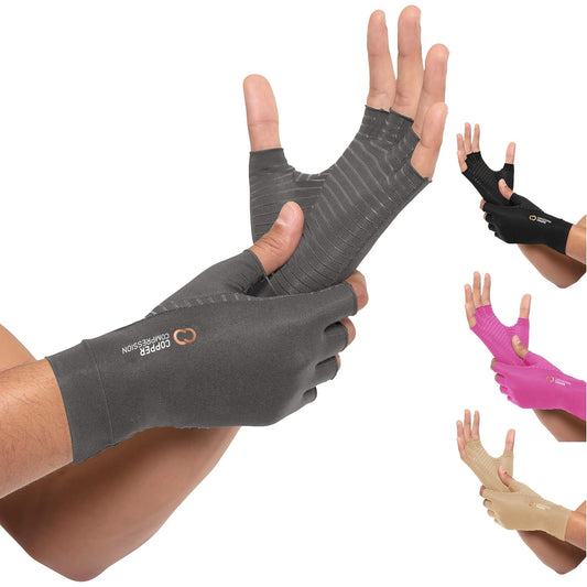 Copper Compression Arthritis Gloves | Fingerless Arthritis Carpal Tunnel Pain Relief for Men & Women | Hand Support Wrist Brace for Neuropathy, Rheumatoid, Tendonitis, Swelling, Crocheting, Typing Grey M