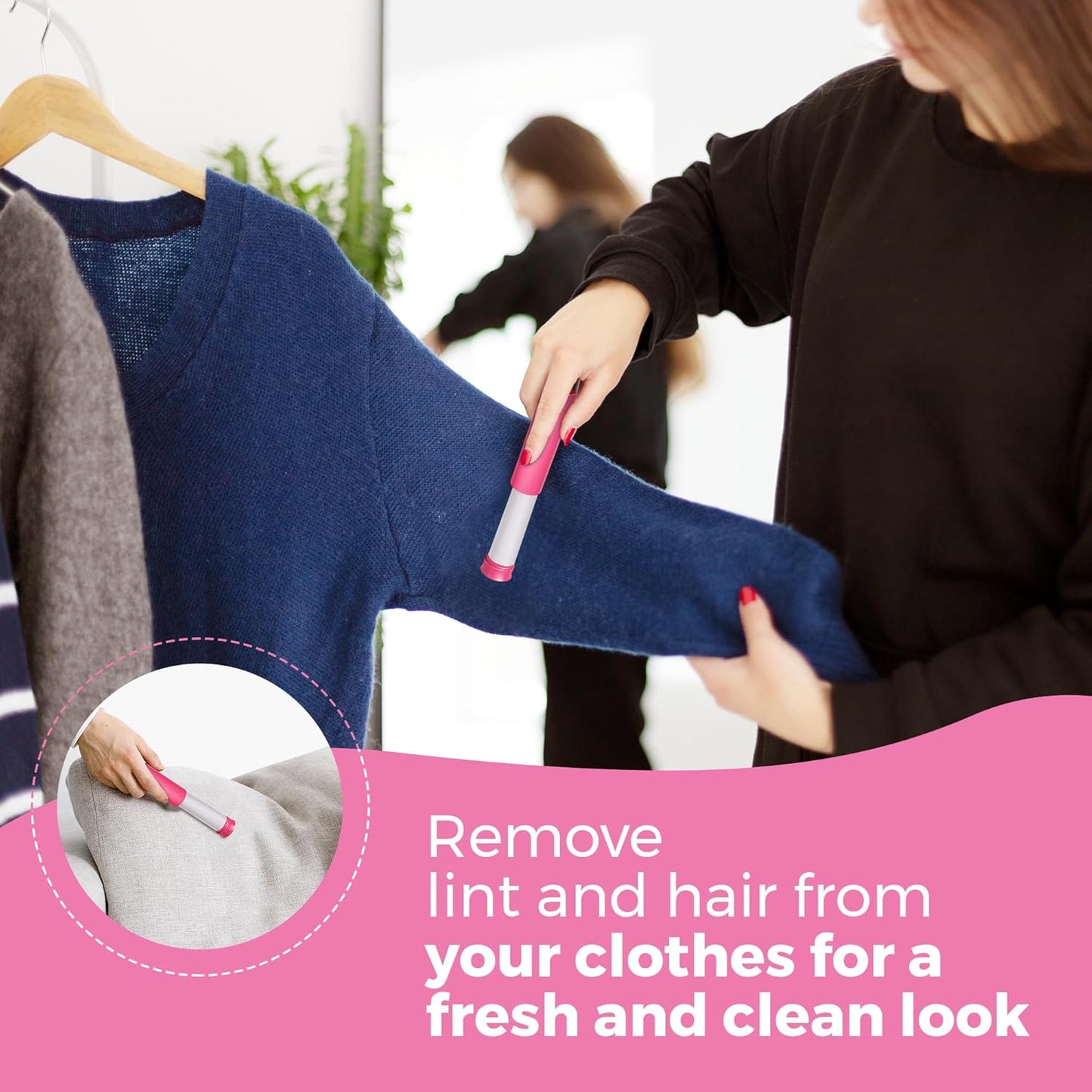 Portable Lint Roller with 100 Sticky Sheets, Mini Pet Hair Remover, Lint Roller for Cats, Dogs, Kids - Travel Roller for Clothes Backpack School - Small Retractable Fits in Pocket (Pink)