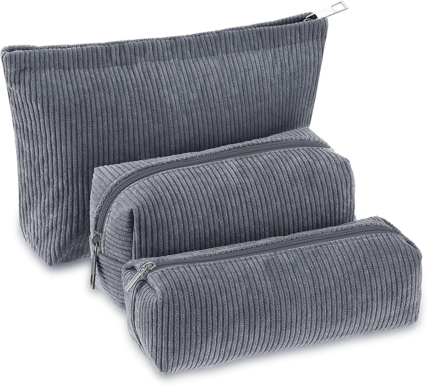 3 Pcs Makeup Bag Set for Women Corduroy Cosmetic Pouch Aesthetic Smile Travel Toiletry Bag Cute Purse Pouch Pencil Case Makeup Brushes Storage Organizer for Christmas(Gray,Solid Style)