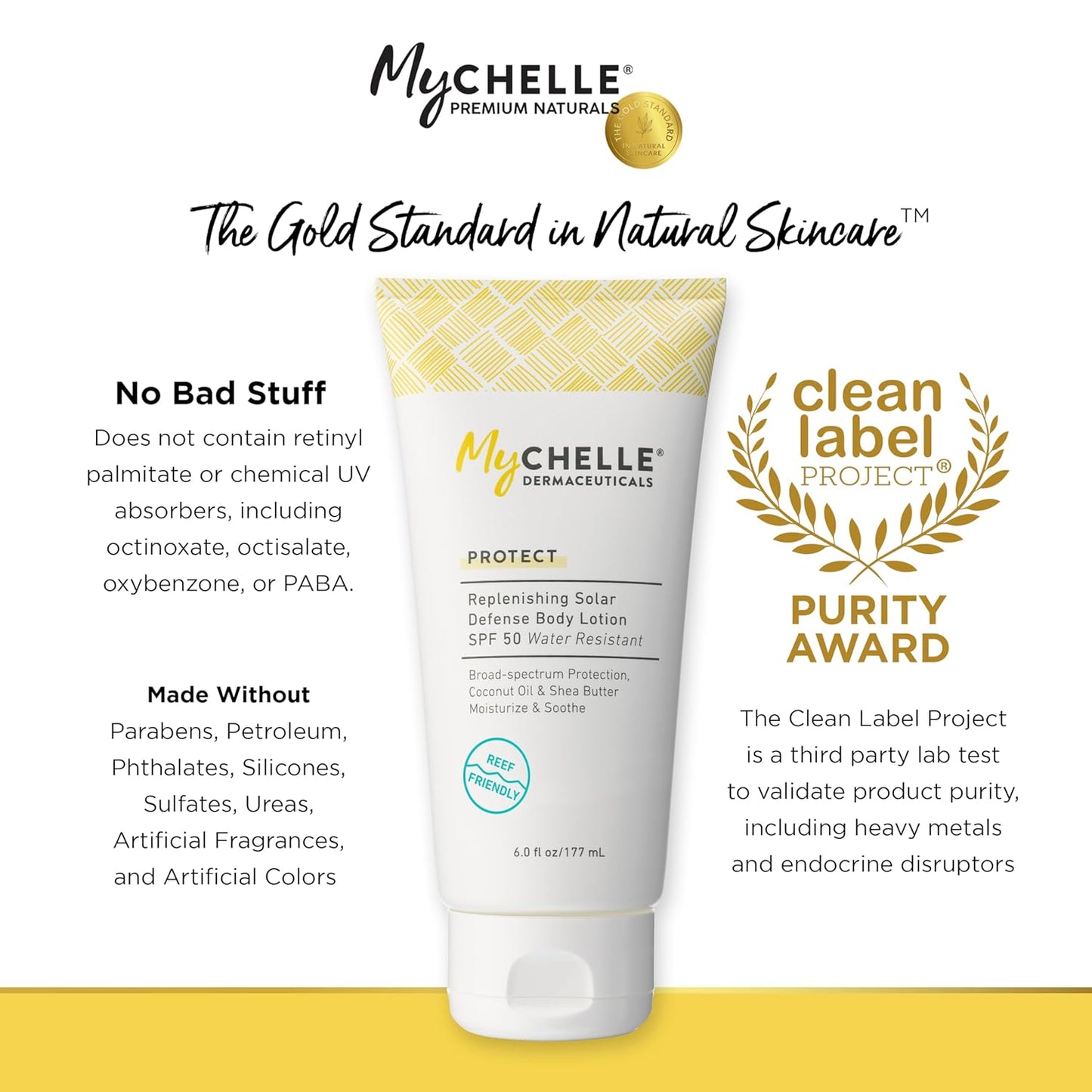MyCHELLE Dermaceuticals Replenishing Solar Defense Body Lotion SPF 50 (6 Fl Oz) - Moisturizing Reef Safe Sunscreen with Coconut Oil and Shea Butter - Water Resistant for 80 Minutes