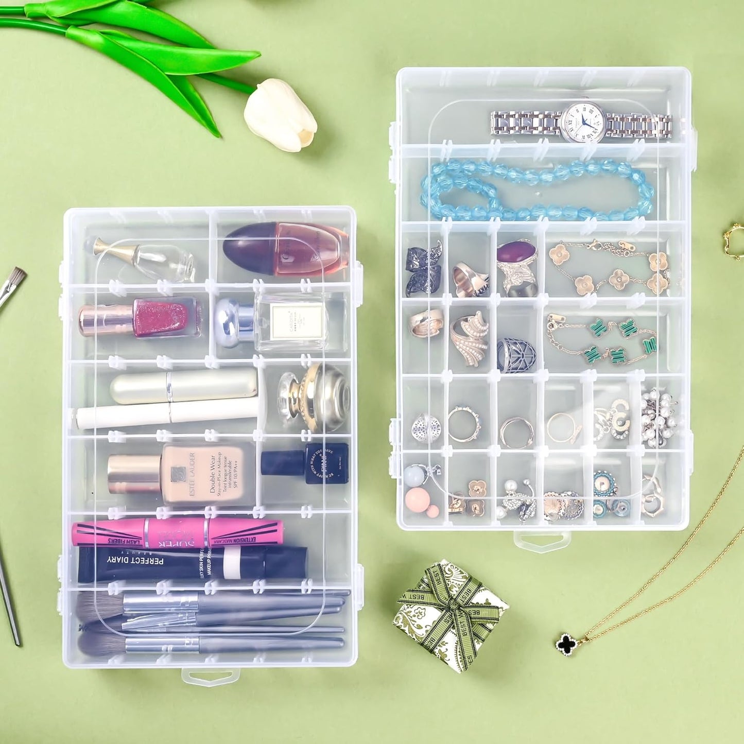 Plastic Organizer Container Box,36 Large Grids Clear Plastic Bead Organizer with Adjustable Dividers Craft Organizers Box for Bead,Jewelry,DIY Crafts,Art,Small Items Storage (Clear-1pack-36 Grids)