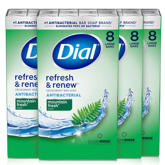 Dial Antibacterial Bar Soap, Refresh & Renew, Mountain Fresh, 4 oz, 32 Bars