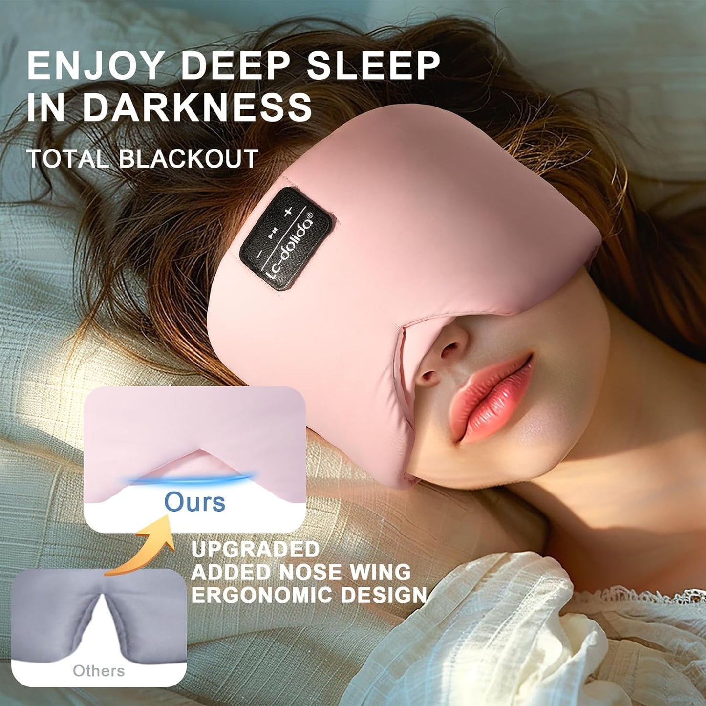 LC-dolida Sleep Mask with Bluetooth Headphones, Ice Silk Sleep Headphones with Bluetooth 5.4, Total Blackout Eye Mask for Sleeping, Sleep Soft Mask for Women Men, All Night Sleep, Travel(Pink)