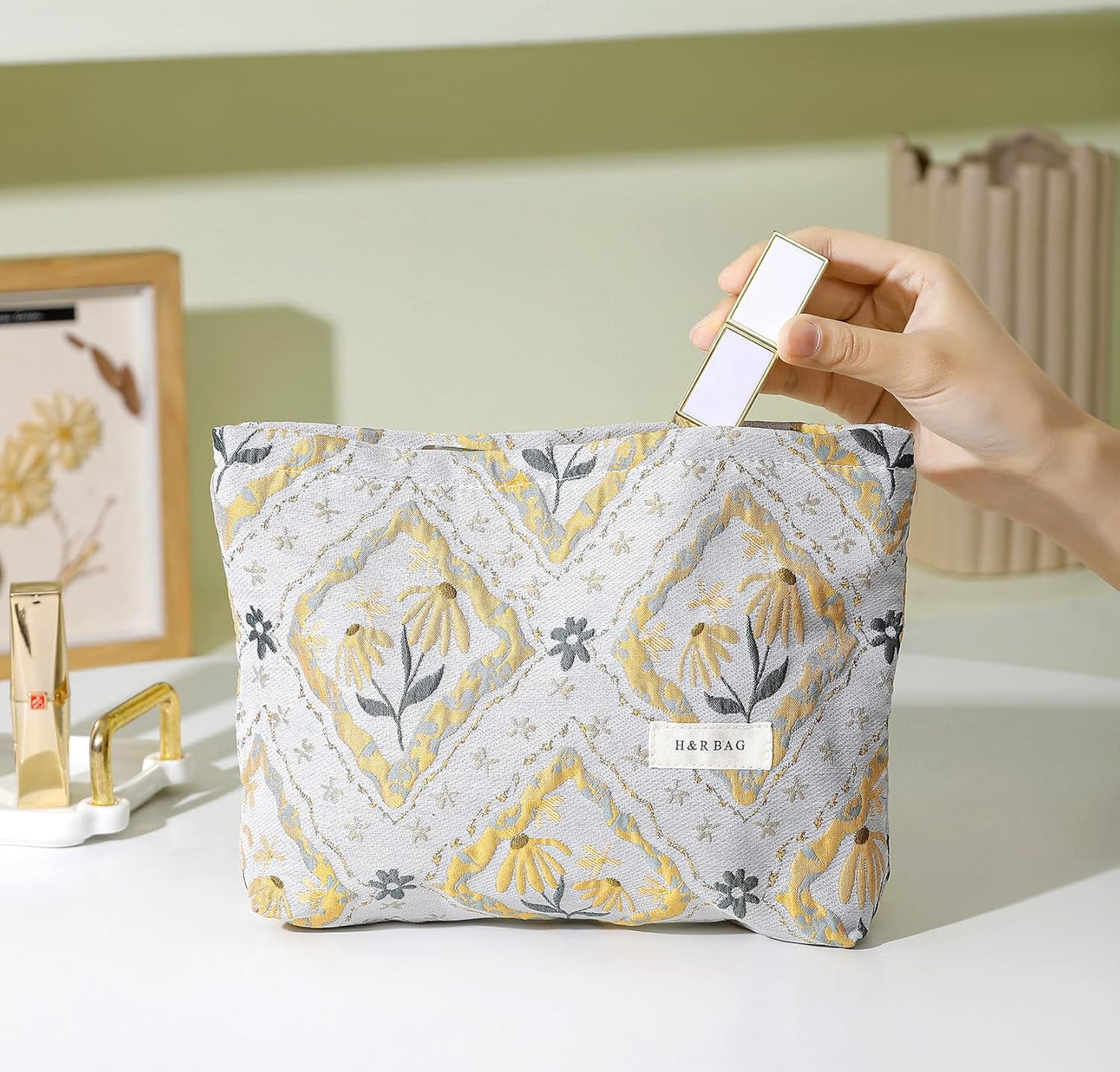 2 Pcs Makeup Bags, Large Cosmetic Bag Travel Toiletry Bag Organizer for Women, Embroidery Craft, Floral Makeup Bag Small Cosmetic Pouch Purse with Zipper Gifts for Girls Teen