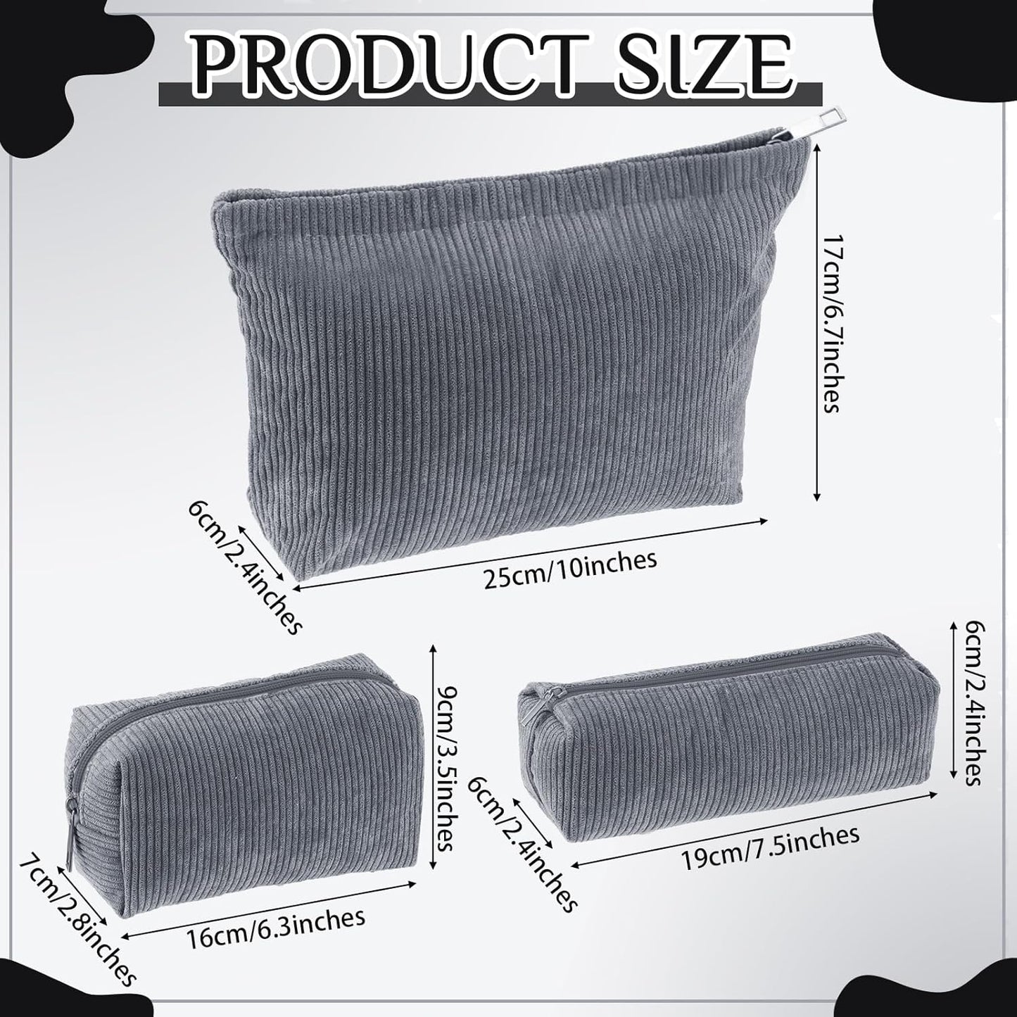 3 Pcs Makeup Bag Set for Women Corduroy Cosmetic Pouch Aesthetic Smile Travel Toiletry Bag Cute Purse Pouch Pencil Case Makeup Brushes Storage Organizer for Christmas(Gray,Solid Style)