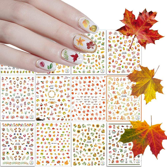 Kalolary Autumn Fall Nail Art Stickers Decals Maple Leaves Decals 3D Nail Stickers Harvest Pumpkin Maple Leaves Sunflower Squirrel for Women Girls Kids DIY Nail Design-12 Sheets