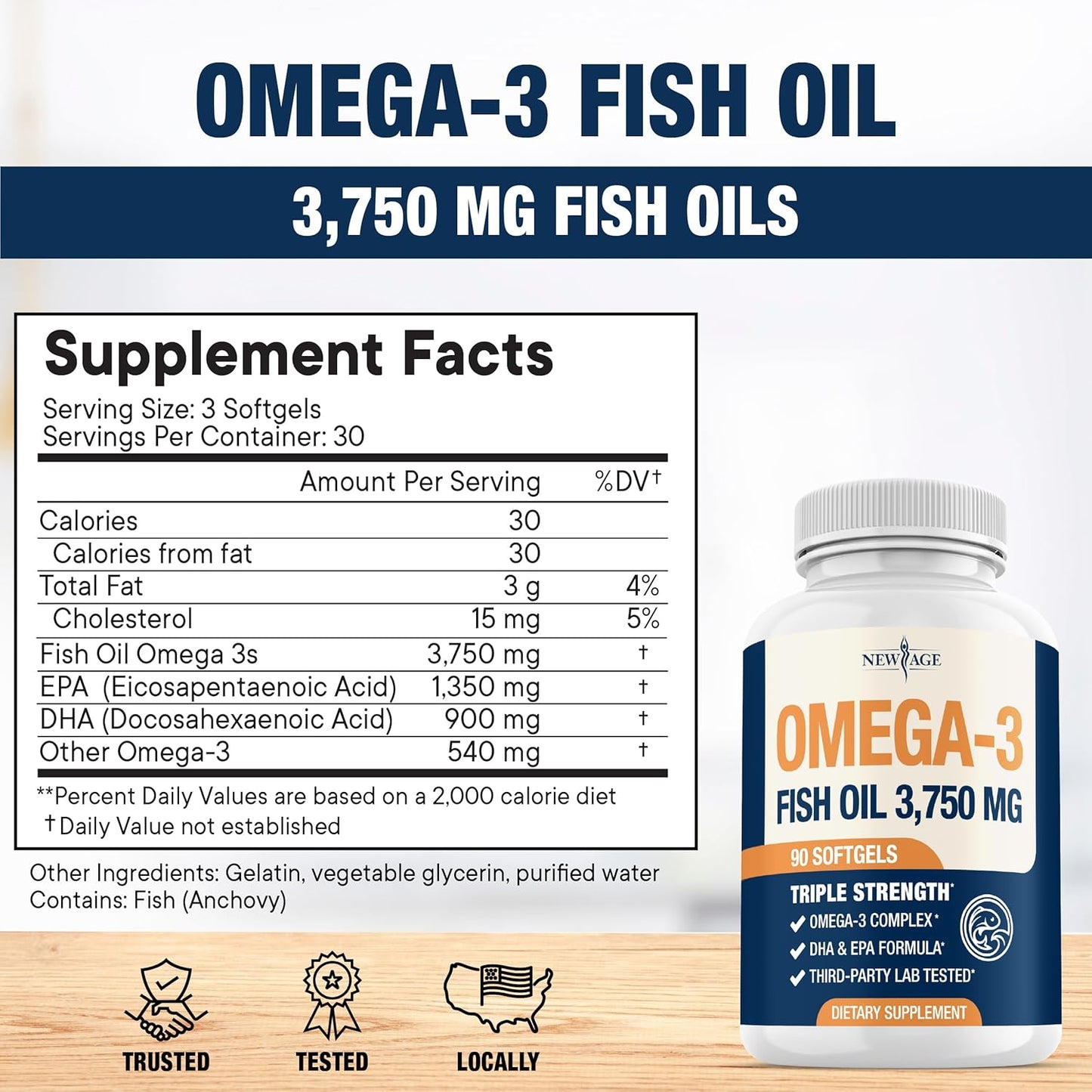 Triple Strength Omega 3 Fish Oil 3750 mg - EPA & DHA - Over 3000mg Omega-3 Fatty Acids - 1350mg EPA + 900mg DHA - Best Essential Fatty Acids, Burpless Fish Oil - 90 Count