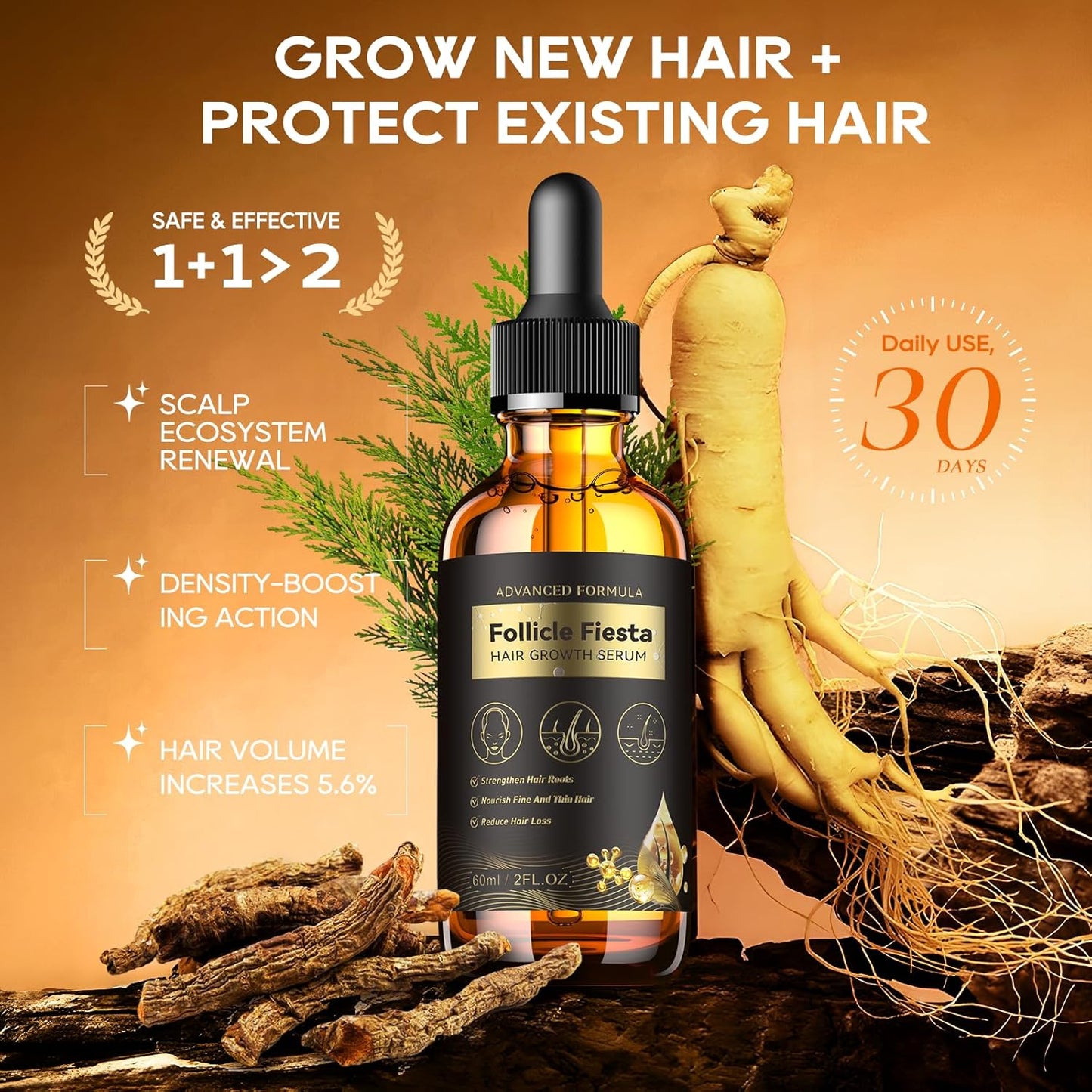 Women‘s Hair Growth Serum Oil, 100% Veganic Natural Herbal Extracts, Root Revive Visibly Thickening Fuller Hair, Follicle Stimulator Scalp Serum for Hair Loss/Shedding,Thin, Dry & Damaged Treatment