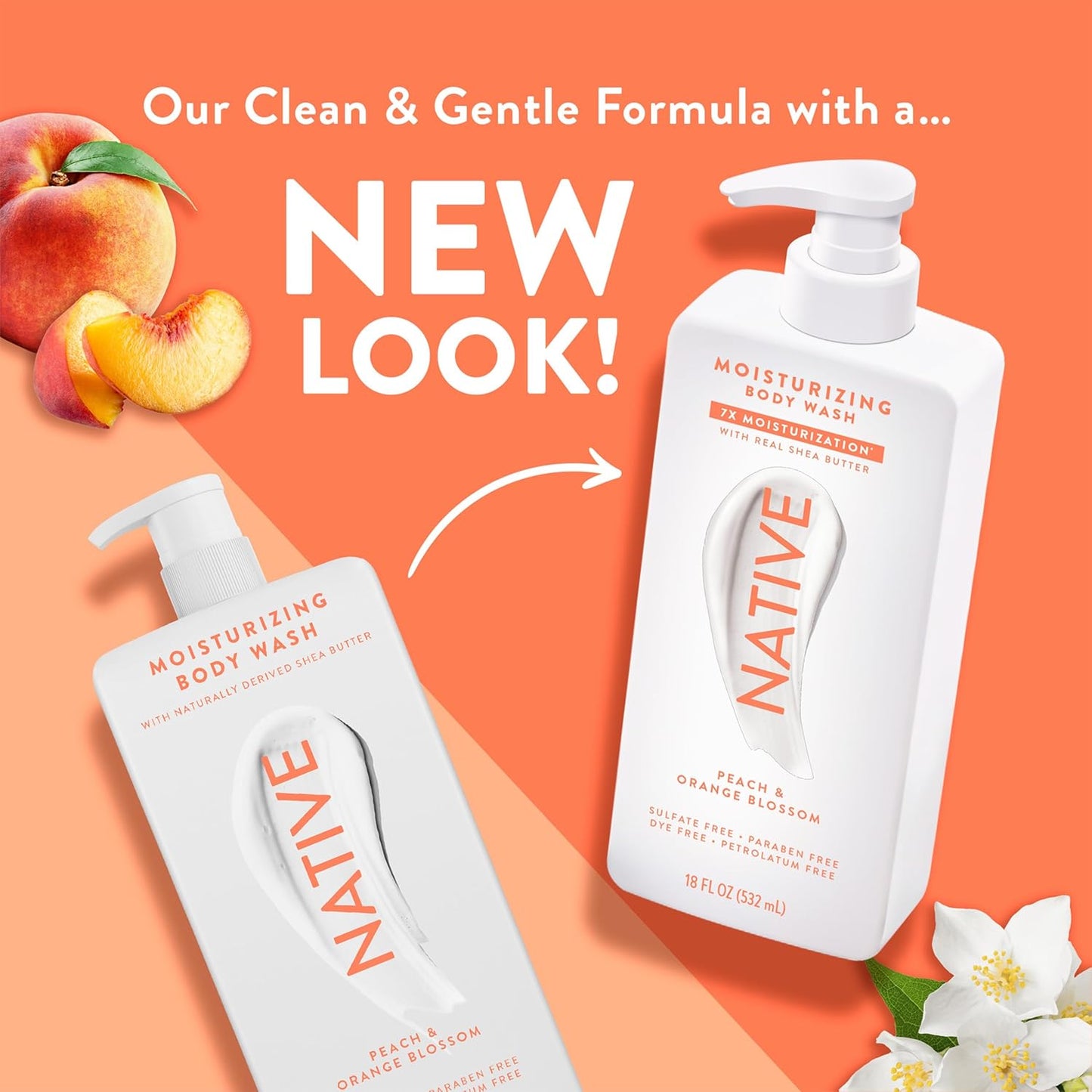 Native Moisturizing Body Wash Contains Naturally Derived Ingredients | For Women & Men, Sulfate, Dye, & Paraben Free Leaving Skin Soft and Hydrated | Peach & Orange Blossom 18 oz