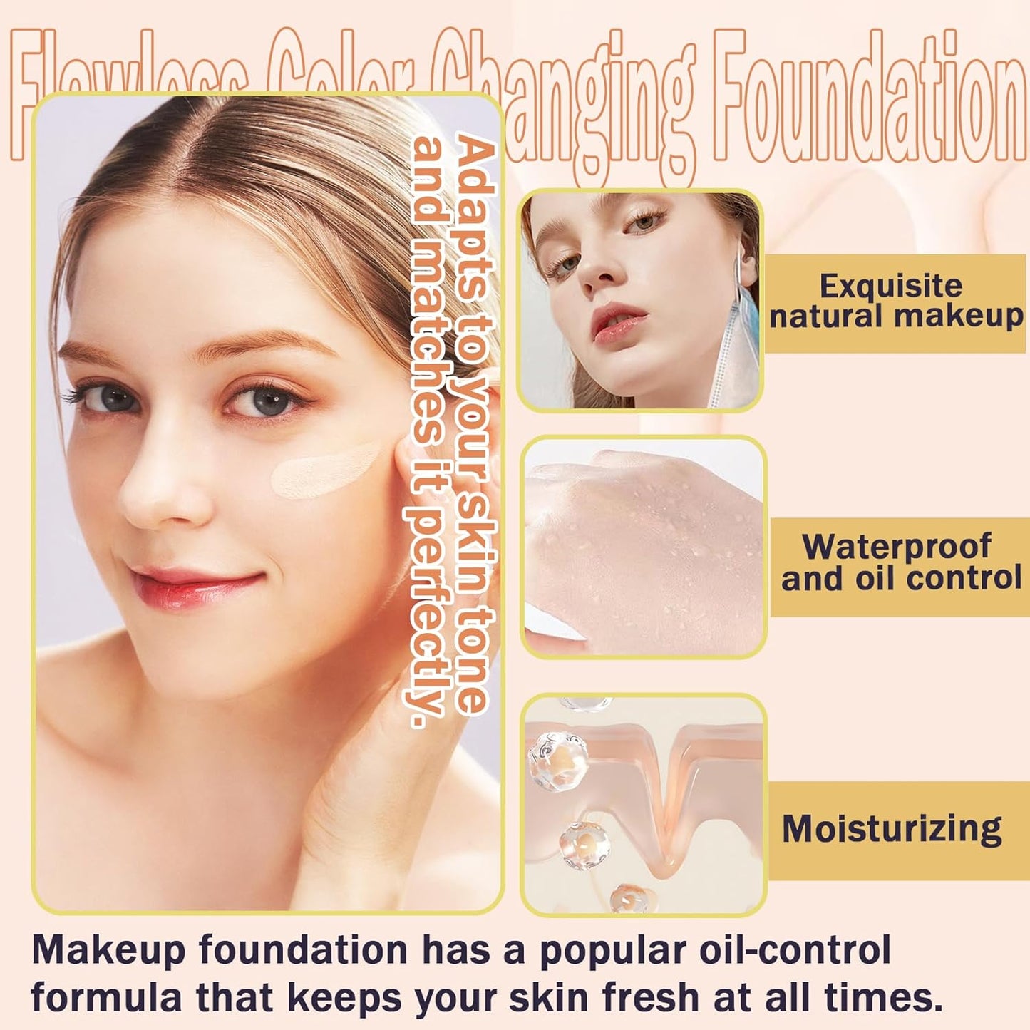 2PCS Natural Color Foundation Makeup Set with 2 Makeup Sponges,Moisturizing Full Coverage Liquid Foundation for Women,Non-greasy Long Lasting Flawless Concealer Cream Makeup Foundation Set