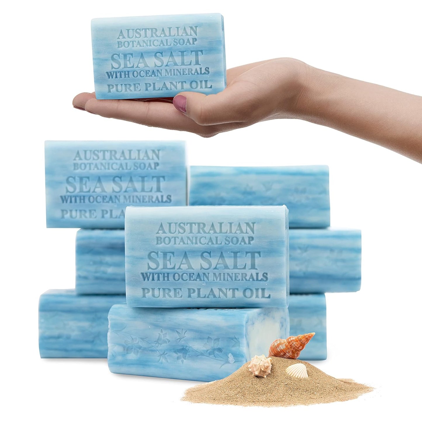 Australian Botanical Soap, 6.6 OZ, Sea Salt and Ocean Minerals, Triple Milled Bars made with a Natural Soap Base and Enriched with Organic Shea Butter, Pack of 8