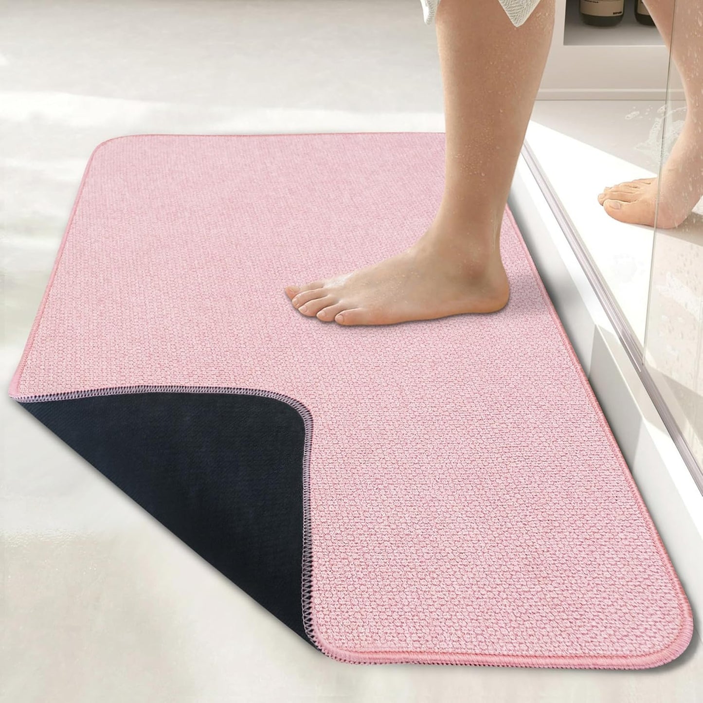 Bath Mat,Ultra Thin Bathroom Runner Rugs,Large Bath Mats for Bathroom,Quick Dry,Non-Slip,Machine Washable,Low Pile,Bath Rug,Shower Outside,Sink,Home Decor Accessories.Pink,1'5"x2'11"（17x35inch）