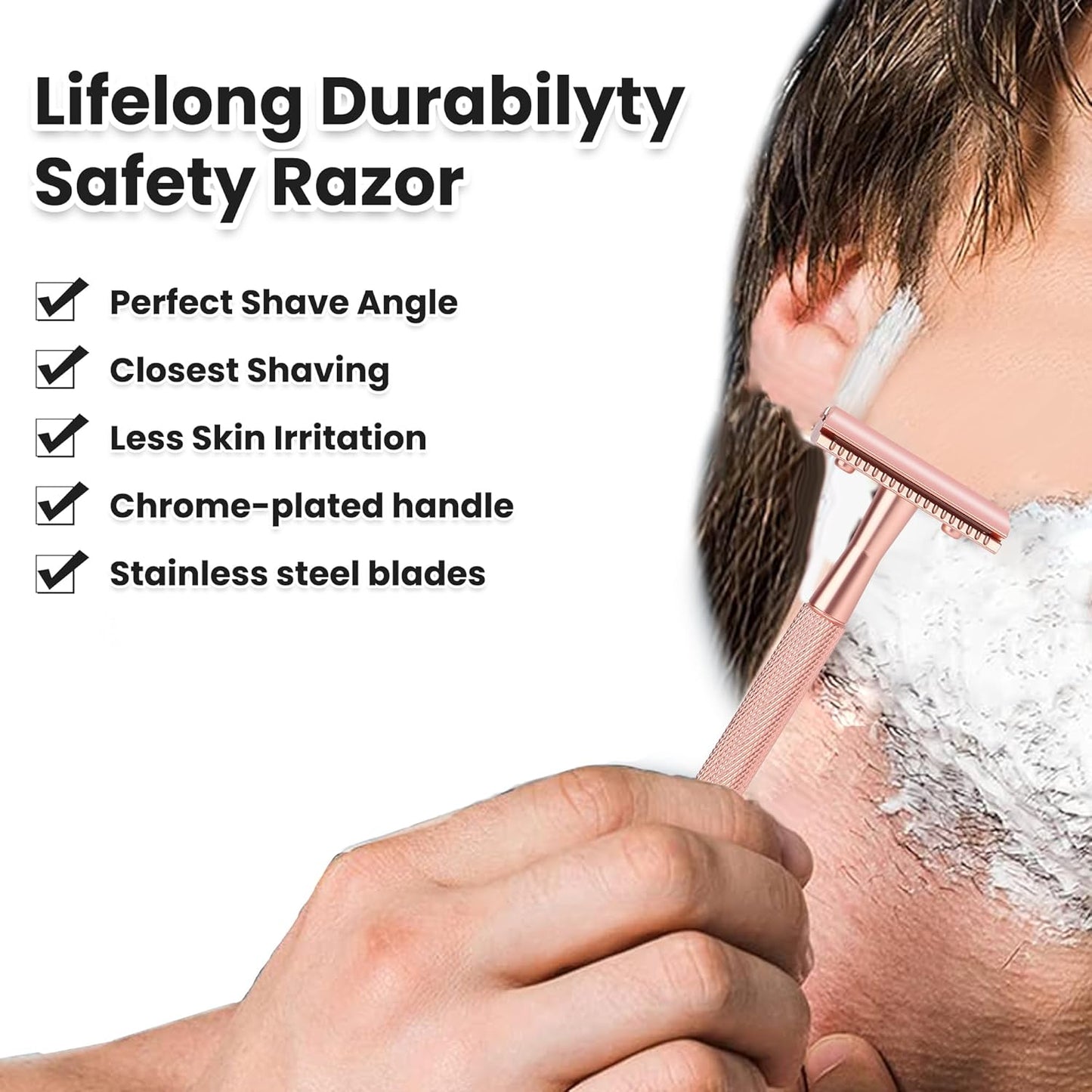 Double Edge Safety Razor For Woman With Stand and 10 Premium Stainless Steel Reusable Safety Razor, Razors For Shaving, Rose Gold