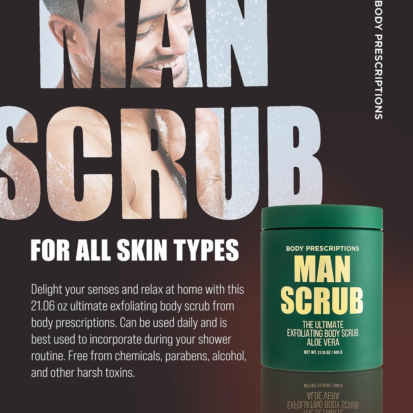 Body Prescriptions Men’s Exfoliating Body Scrub – Ultimate Skin Cleansing Wash in Jar with Twist-Top Lid, For All Skin Types, 21 Ounce (Pack of 4), Aloe Vera