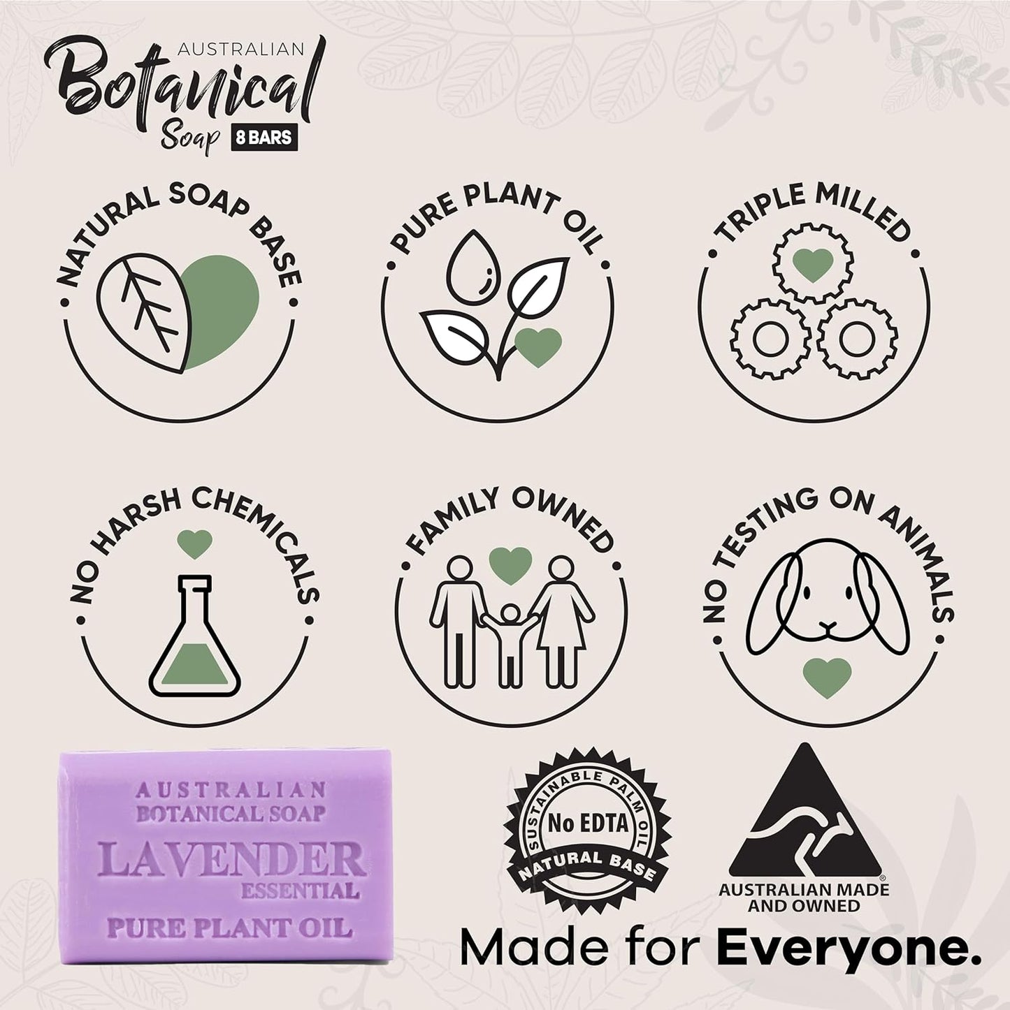 Australian Botanical Soap Lavender with Essential Oil 6.6 oz Triple Milled Luxury Soap Bar Enriched with Shea Butter, Pack of 1