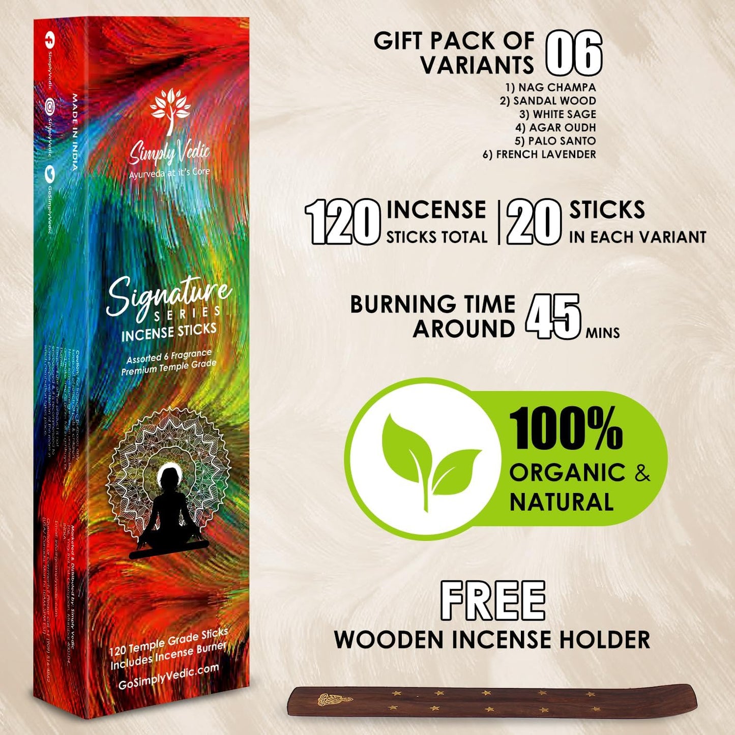 Signature Incense Sticks Gift Set | 120 Natural Hand-Rolled Non-Toxic Agarbatti with Holder | Sandalwood, Nag Champa, Oudh, Palo Santo, Lavender, Sag | Aromatherapy Meditation Pooja Home