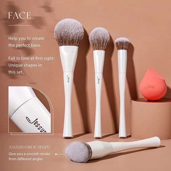 Jessup Makeup Brushes Set 14pcs Highend Makeup Gift Set for Women Include Foundation Concealer Blush Contour Powder Eye Shadow Brush, Makeup Sponge, Makeup Brush Cleaner and Towel, Pearl White T333