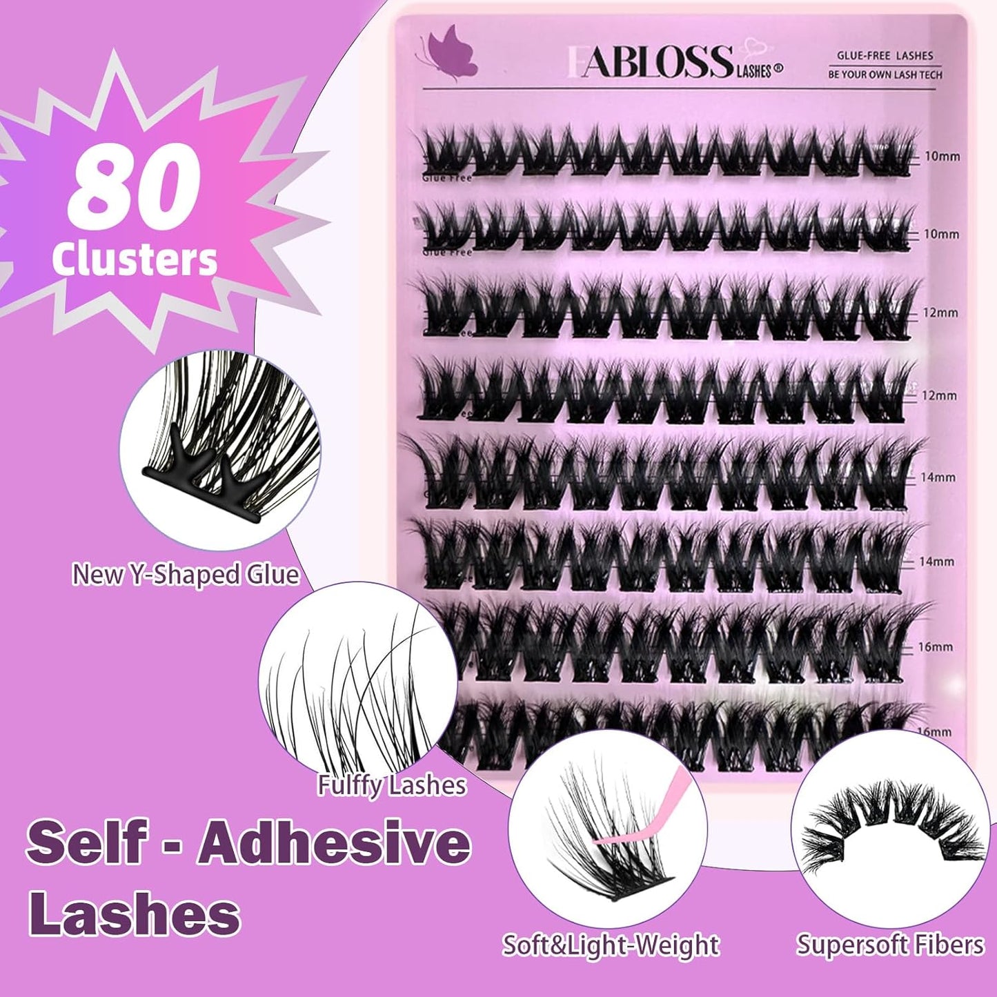 Self Adhesive Eyelashes Kit 80Pcs D Curl Press on Lashes Reusable Self Adhesive Lashes No Glue No Remover Needed DIY Lash Extension Kit with Tweezers for Beginners(10-16mm)