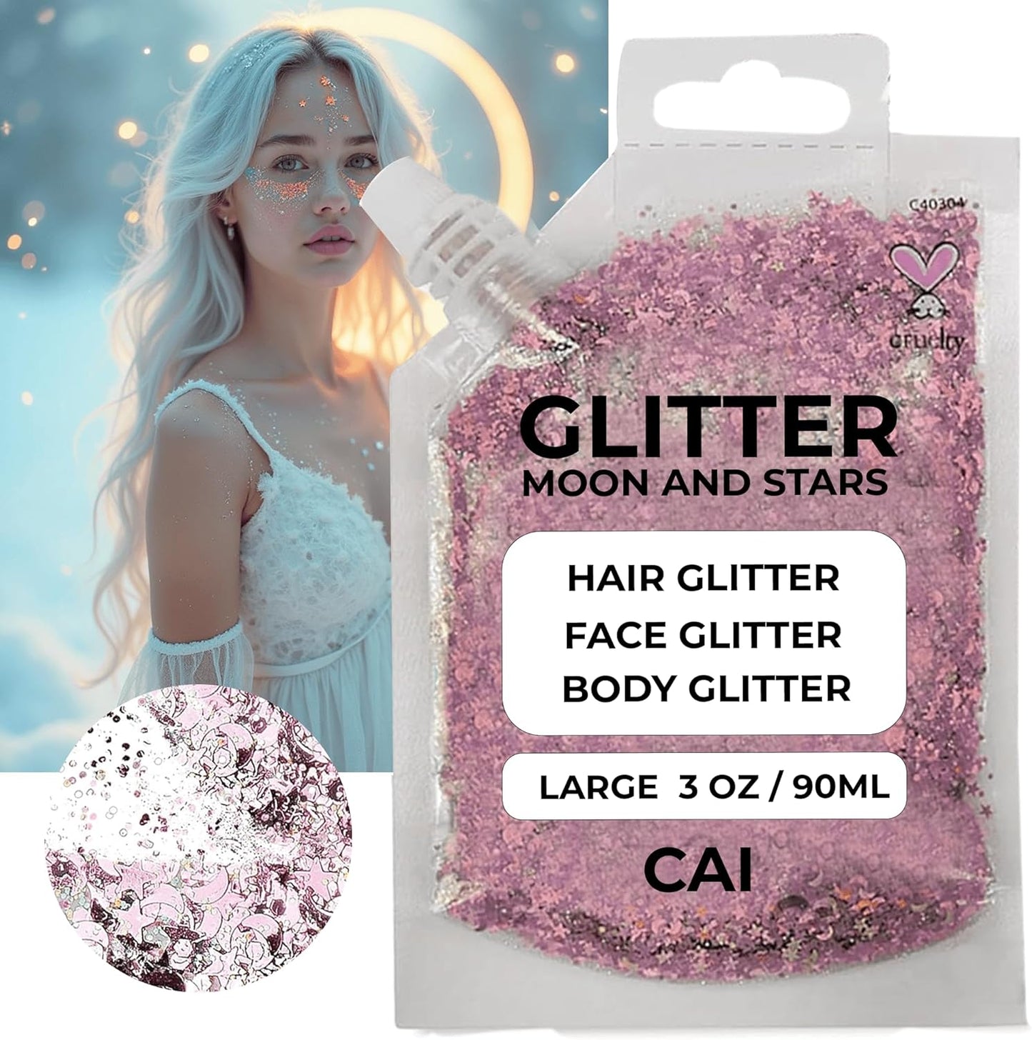 Face, Body & Hair Glitter Gel – Halloween Glitter for Kids and Women – 3 Oz Cosmetic-Grade Gel w/Moon & Stars for Festivals & Halloween Party, Easy Apply & Wash Off - Rose/Stardust Pink 2Pack