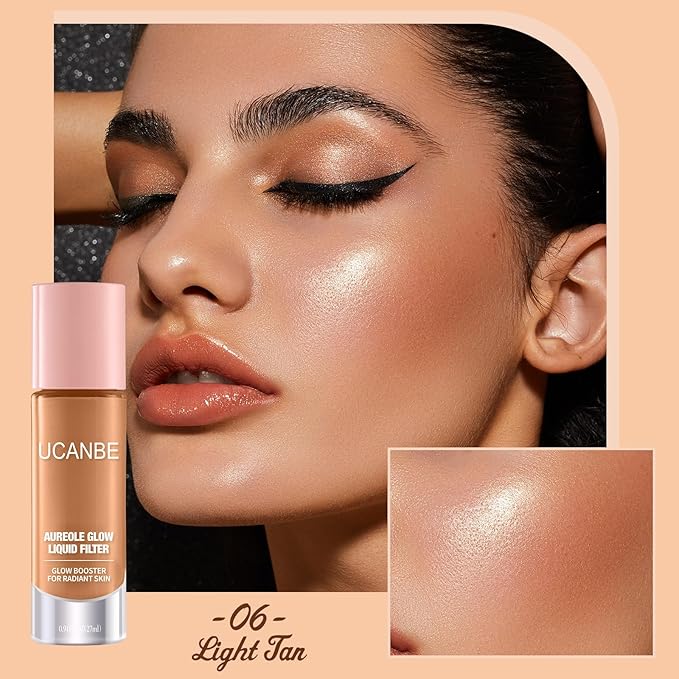 UCANBE Halo Glow Liquid Filter, Face Complexion Booster For Radiant Skin All Day Longwear, Soft-Focus Look Sodium Hyaluronate Vegan & Cruelty-Free - 0.91OZ Light Tan