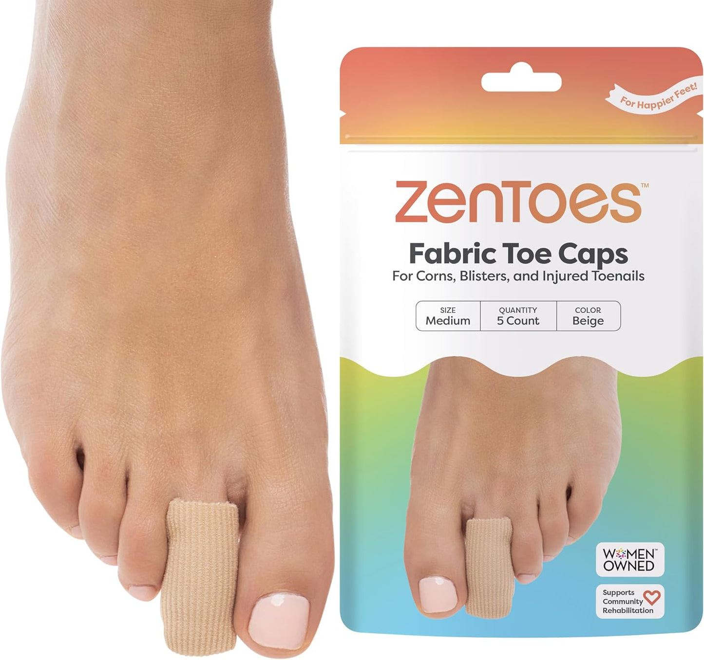 ZenToes Fabric Toe Protectors | Promotes Skin Hydration & Blister Prevention | Medical-Grade Gel Lining | Washable & Reusable Corn, Callus & Ingrown Toenail Relief Between Toes | Medium, 5-Pack