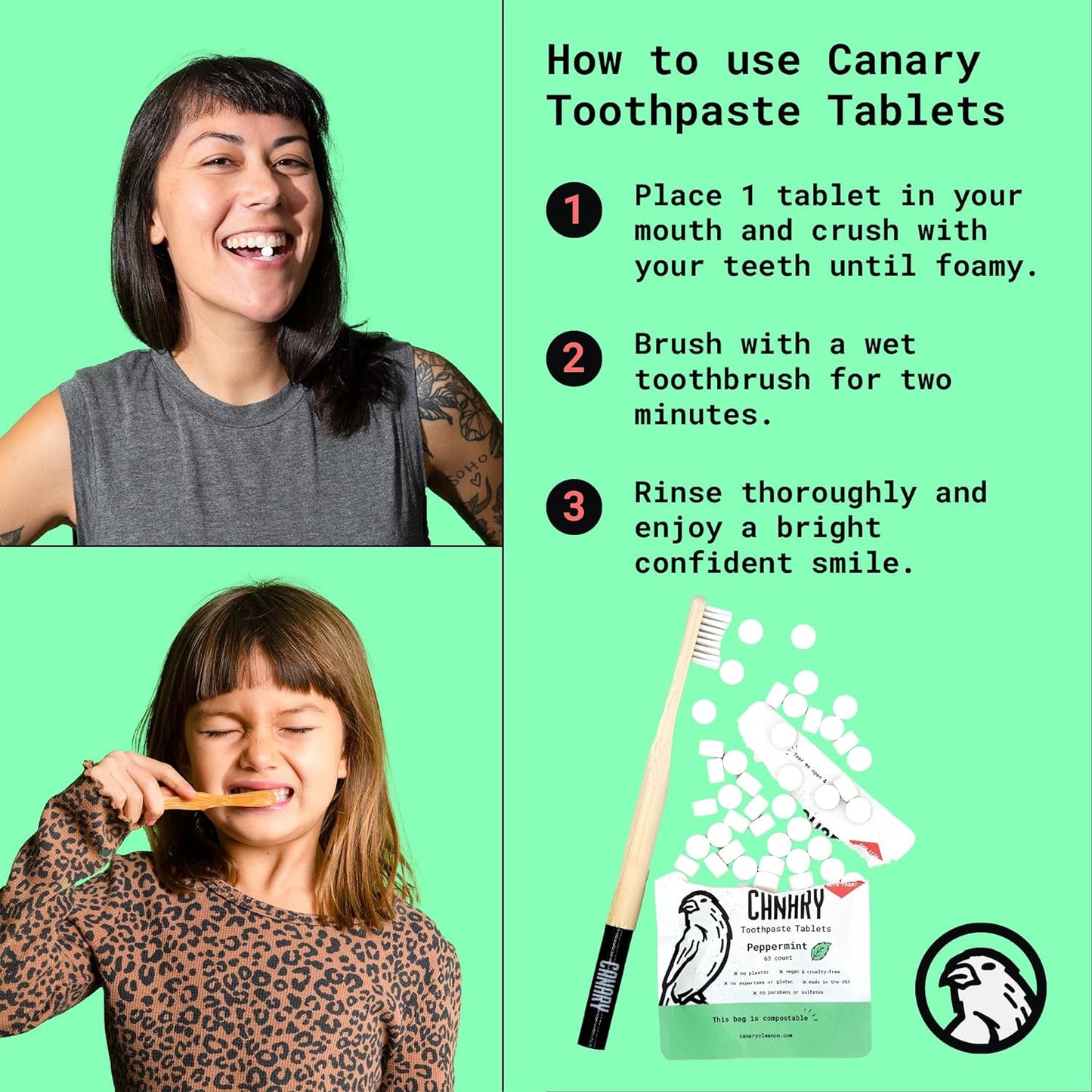 Canary Nano Hydroxyapatite Toothpaste Tablets Coconut Mint - Remineralizing, Fluoride Free, All Natural Tabs with Xylitol - Great for Travel, Plastic Free - 126 Count Jar