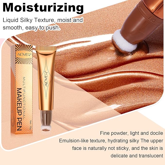 Liquid Highlighter Beauty Wand, Highlight Bronzer Stick with Cushion Applicator, Smooth Shimmer Finish, Lightweight Silky Cream Face Makeup Stick,Cruelty-free (Gold)