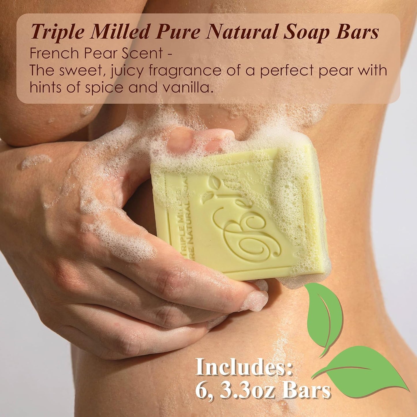 BELA French Pear Soap 3.3 OZ Pack of 6, Long Lasting French Triple Milled Bar Soap with Organic Shea Butter, Hand, Face and Body Wash Bar, Made in Australia