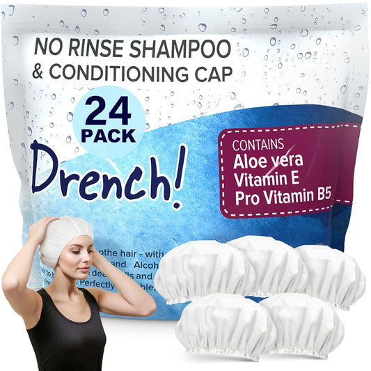 Drench No Water Hair Washing Cap - Waterless Shower Caps with Shampoo and Conditioner - Disposable Rinse Free Wash Aids - Ideal for Elderly and Disabled - Pack of 24