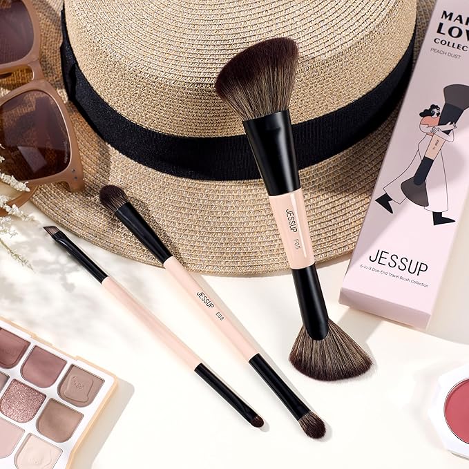 Jessup Travel Makeup Brushes Set 3pcs, Double Sided Contour Brush Dual Ended Eye Shadow Shader Eyeliner Brush, Multi-functional Makeup Set Peach Dust T507