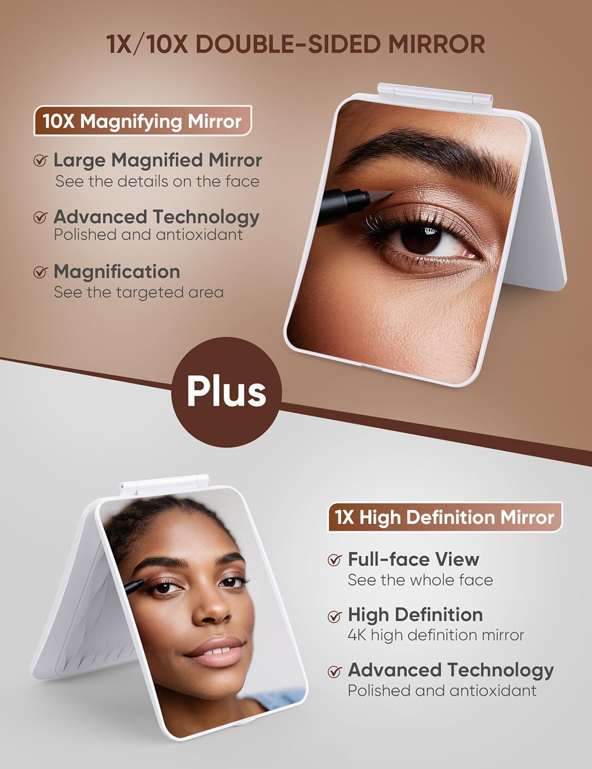 Travel Makeup Mirror with 1X/10X Magnifying, Portable Folding Make Up Tabletop Mirror for Office, Compact Vanity Mirror for Travel (Pearl White, No LED Lights)