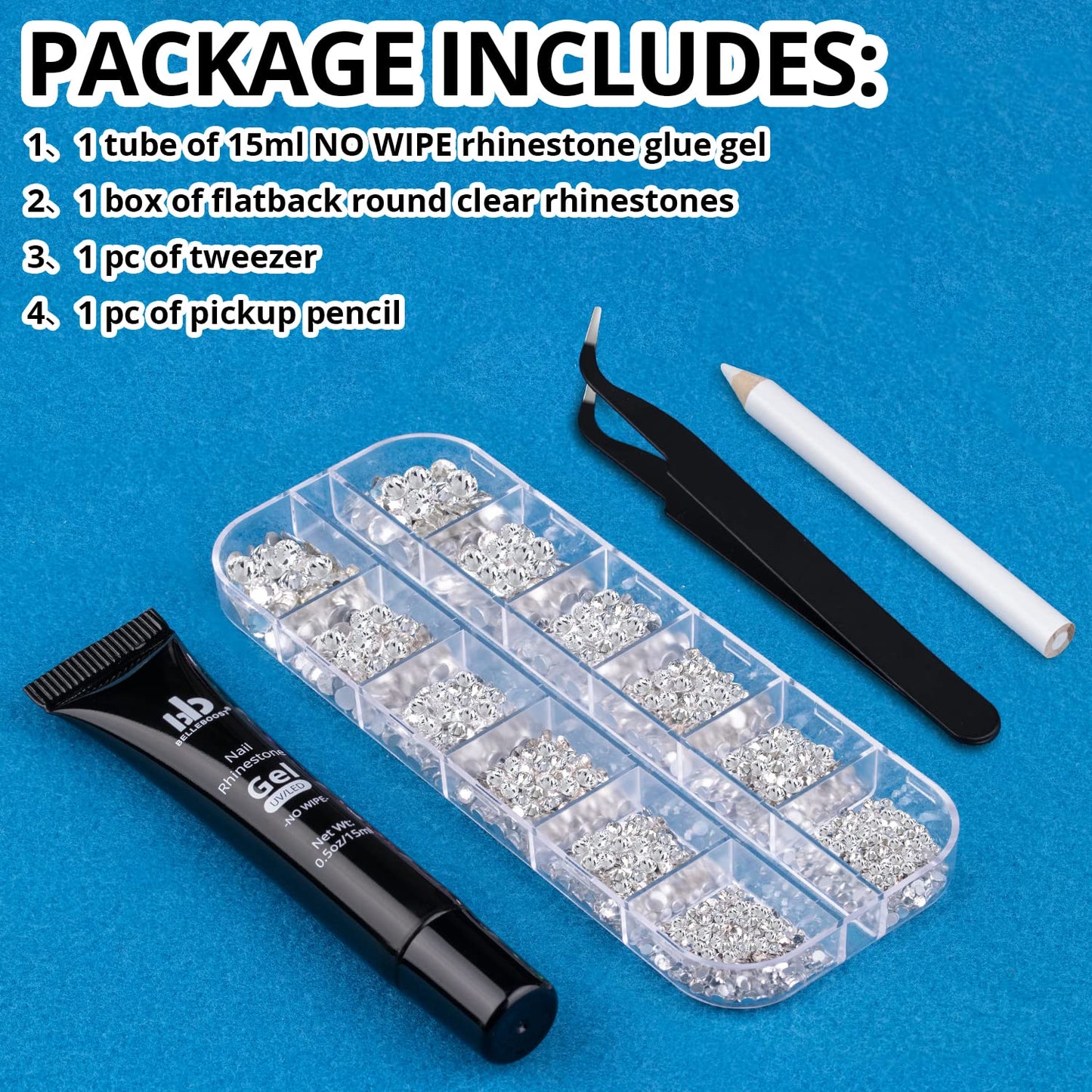 Nail Art Rhinestone Glue Gel&1 Box Flatback Gems Kit, 1 Tube of 15ml Rhinestone Gel Glue(UV/LED Needed)+Round Glass Crystal Clear Gemstones with Pickup Tools