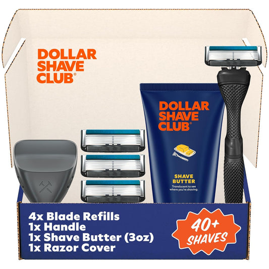 Dollar Shave Club | The Member Exclusive Shave Set | 4 Extra Close Refill Cartridges, 1 Handle (Black), 1 Shave Butter 3 ounce, 1 Razor Cover, Razors for Men