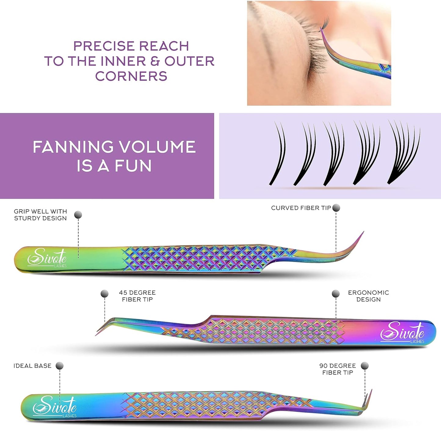 SIVOTE Eyelash Extension Tweezers Fiber Tips, Set of 6, Curved, Dolphin, 90 Degree 45 Degree, Volume Boot & Slight Curved Tweezer, Rainbow