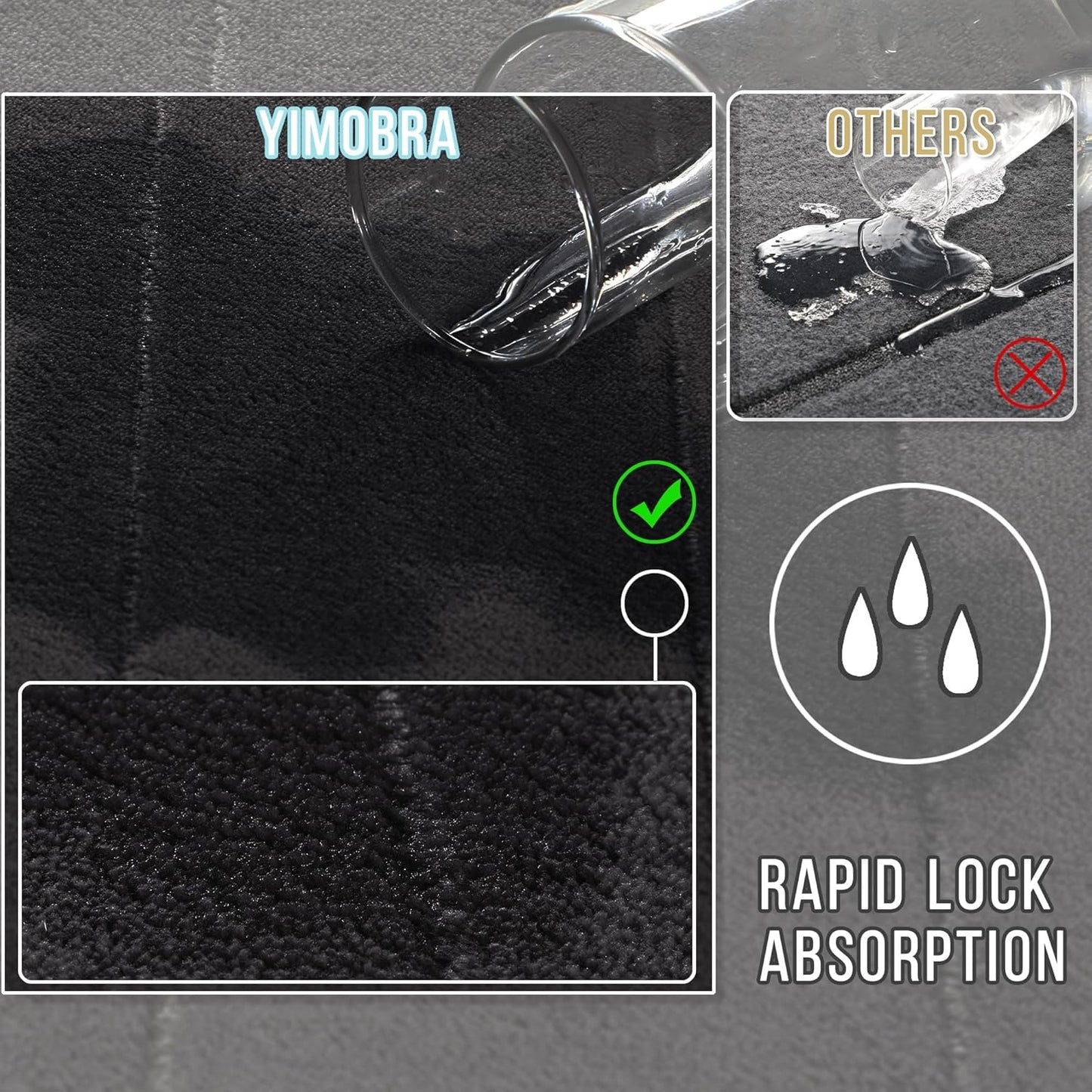 Yimobra Memory Foam Bath Mat, Super Soft Absorbent Bathroom Rug Non Slip 31.5x20 Inch, Quick Dry, Machine Washable Floor Carpet for Tub Shower, Home Decor Accessories, Black