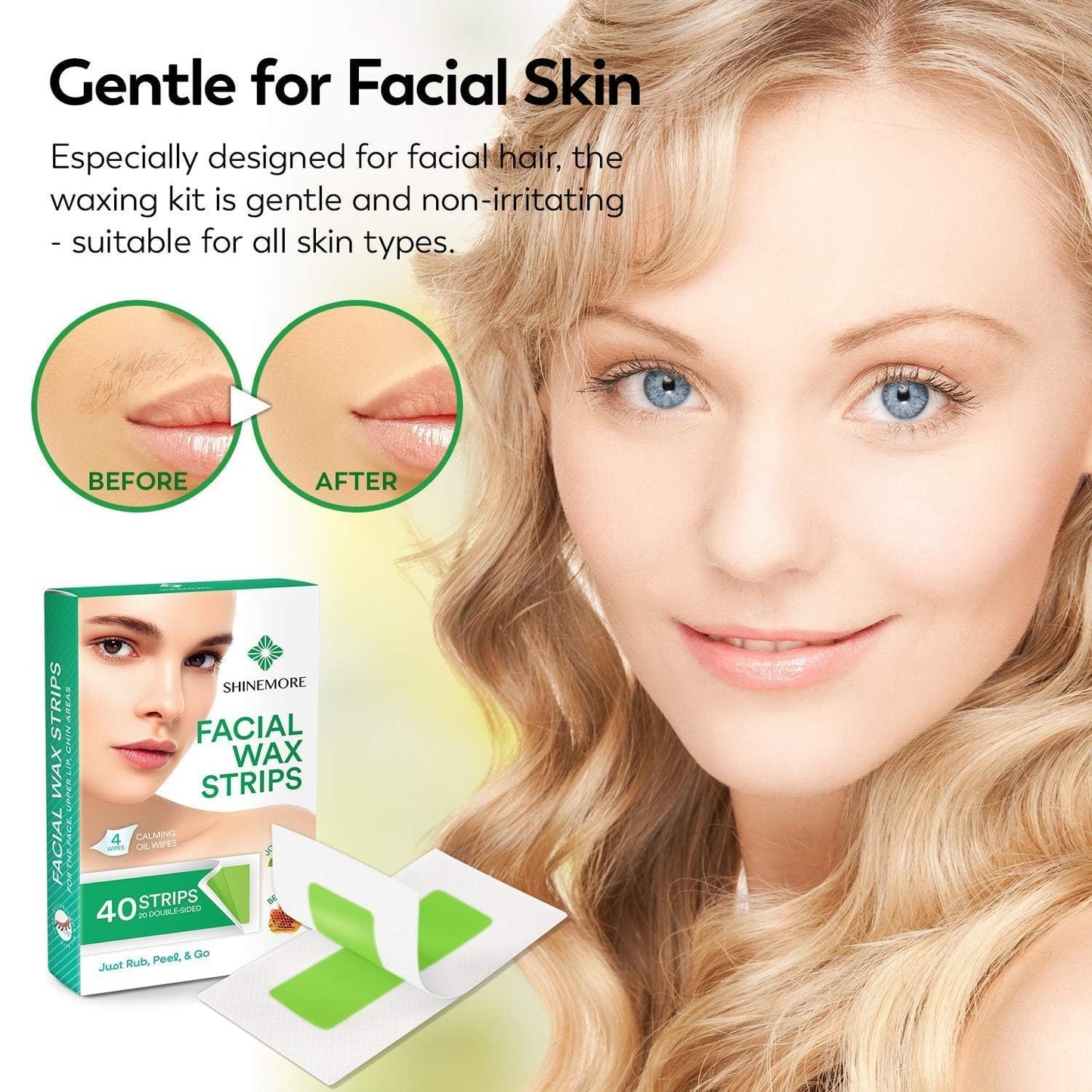 ShineMore Facial Wax Strips for hair removal - Hypoallergenic for All Skin Types - - Gentle and Fast-Working for Face, Eyebrow, Upper Lip, and Chin (40 Women Wax Strips + 4 Calming Oil Wipes NATURE NATION Ingredients )