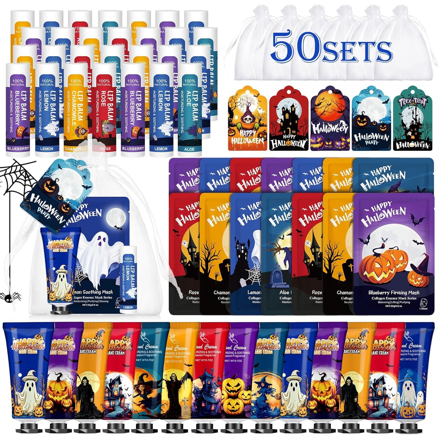 VESPRO 50 Pack Halloween Hand Cream, Facial Mask and Lip Balm Set, Bulk Halloween Gifts for Women, Halloween Decorations, Halloween Party Favors, Halloween Basket Stuffers and Halloween Skincare