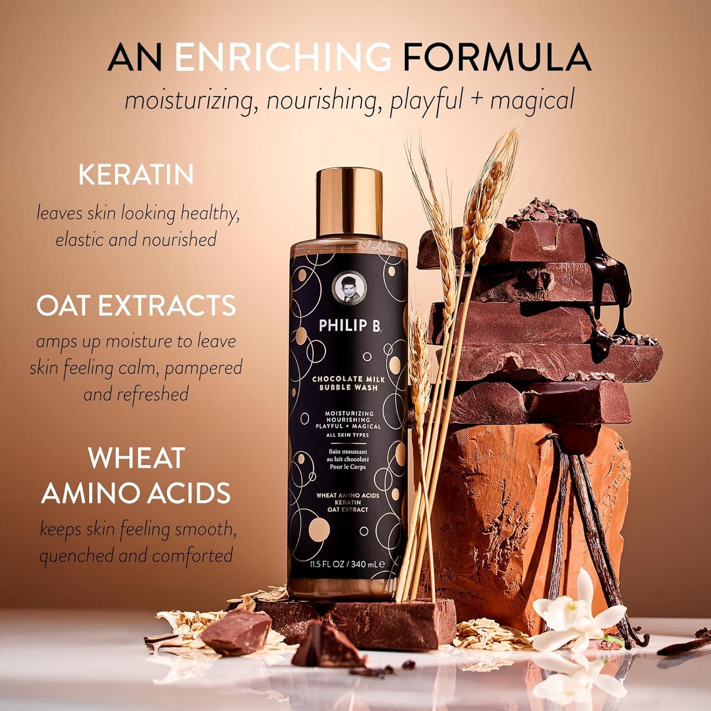 PHILIP B Chocolate Milk Bubble Wash 11.5 Fl Oz (340mL) - Moisturizing & Nourishing, Formulated With Wheat Amino Acids, Keratin & Oat Extract, for All Skin Types