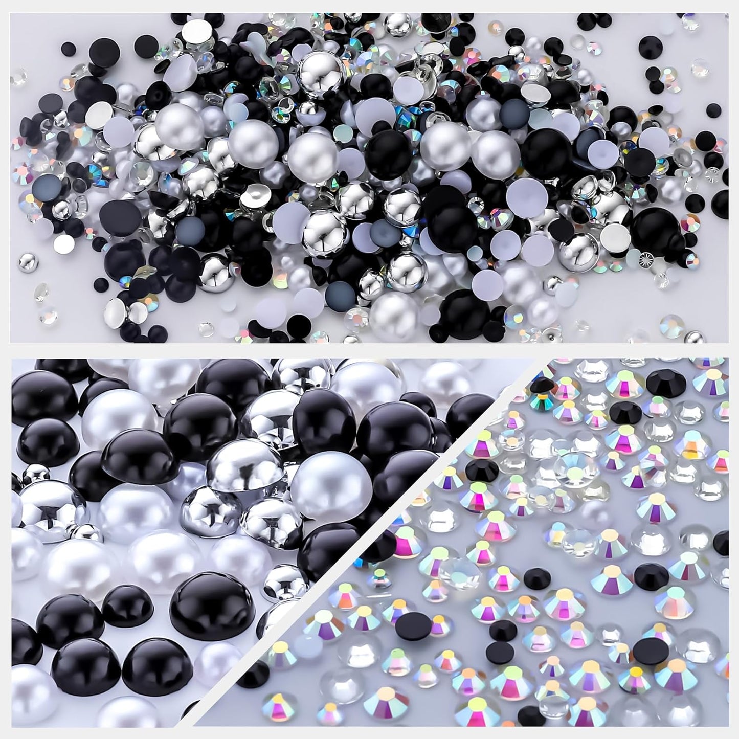 60g Black White Pearls Rhinestones for Crafts Mixed Size 3mm-10mm AB Color Round Half Pearls Flatback Pearl Beads and Resin Rhinestones Set for Face Art with Glue