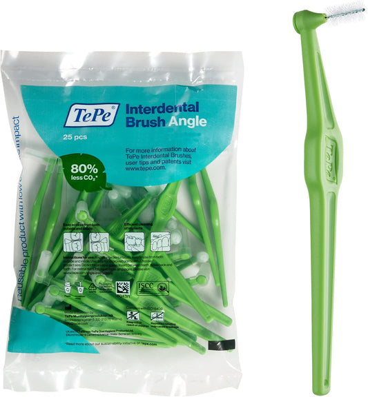 TePe Interdental Brush Angle, Angled Dental Brush for Teeth Cleaning, Pack of 25, 0.8 mm, Large Gaps, Green, Size 5