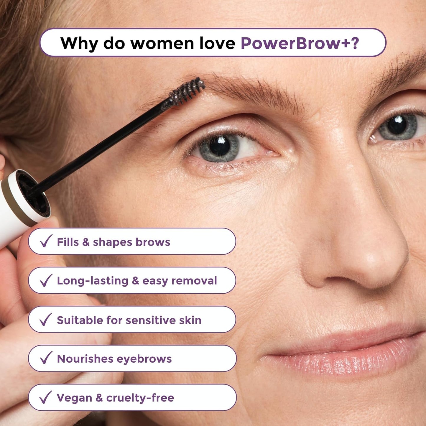 PowerBrow+ Tinted Eyebrow Gel For Older Women - Defines, Fills, Thickens Brows - 2-in-1 Formula - Natural Color, Quick Fixing, Long-Lasting - Hypoallergenic Dark Brown (Espresso)