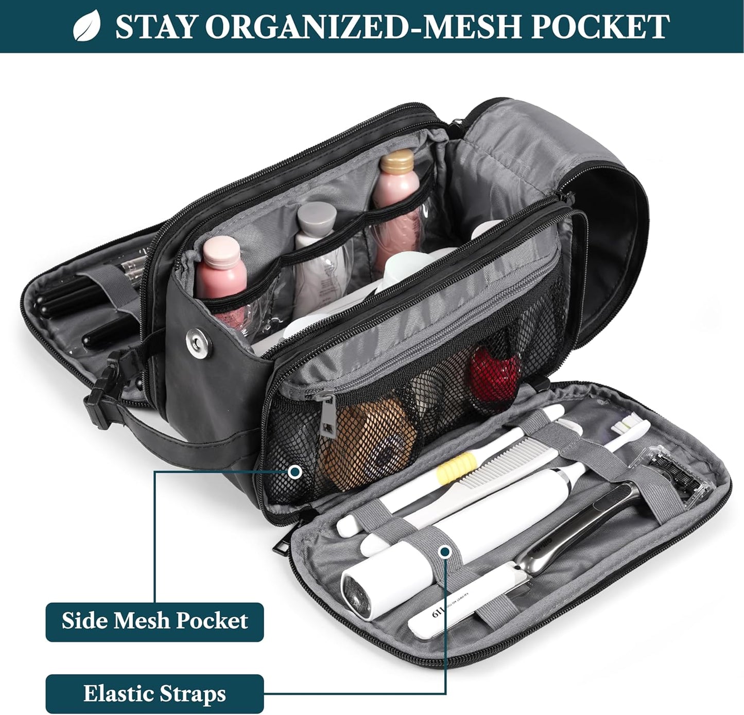 PAVILIA Large Toiletry Bag for Men Women, Mens Travel Bag Toiletries Organizer Case for Grooming, Travel Essentials Shaving Dopp Kit, PU Leather Water Resistant Cosmetic Pouch, Black