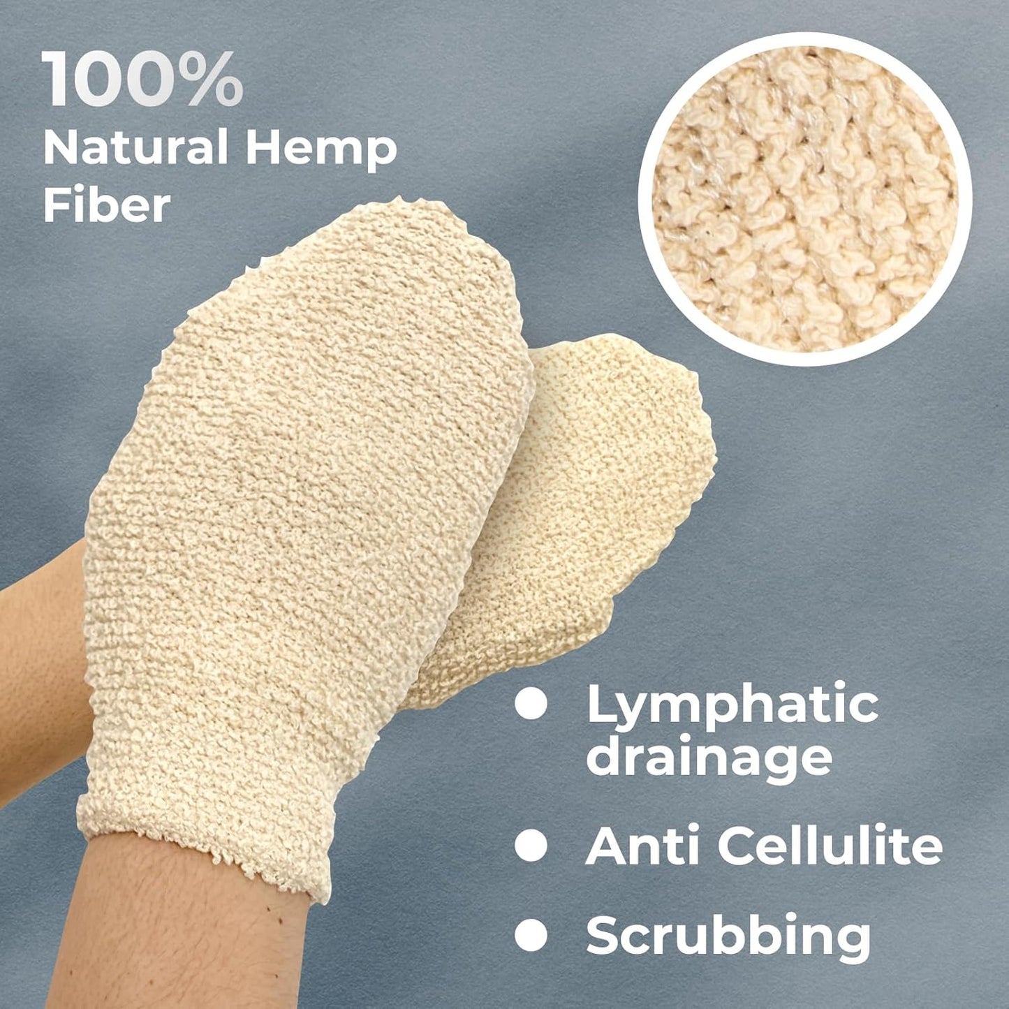 GUARD&MARINE Natural Shower Mitts - Hemp Bath Gloves for Skin Exfoliation, Mitt Washcloth for Body Scrub and Cleansing - Soft Loofah for Men and Women - Set of 2 Wash Mittens