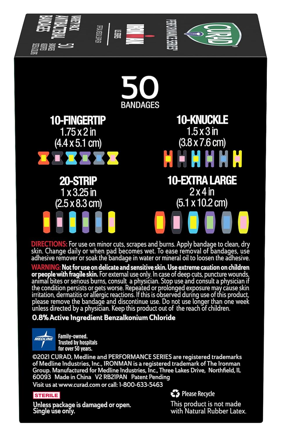 CURAD Performance Series IRONMAN Antibacterial Bandages, Extreme Hold Adhesive Technology, Finger & Knuckle Bandages, Flexible Fabric, Variety Pack with Assorted Sizes & Colors, 50 Count