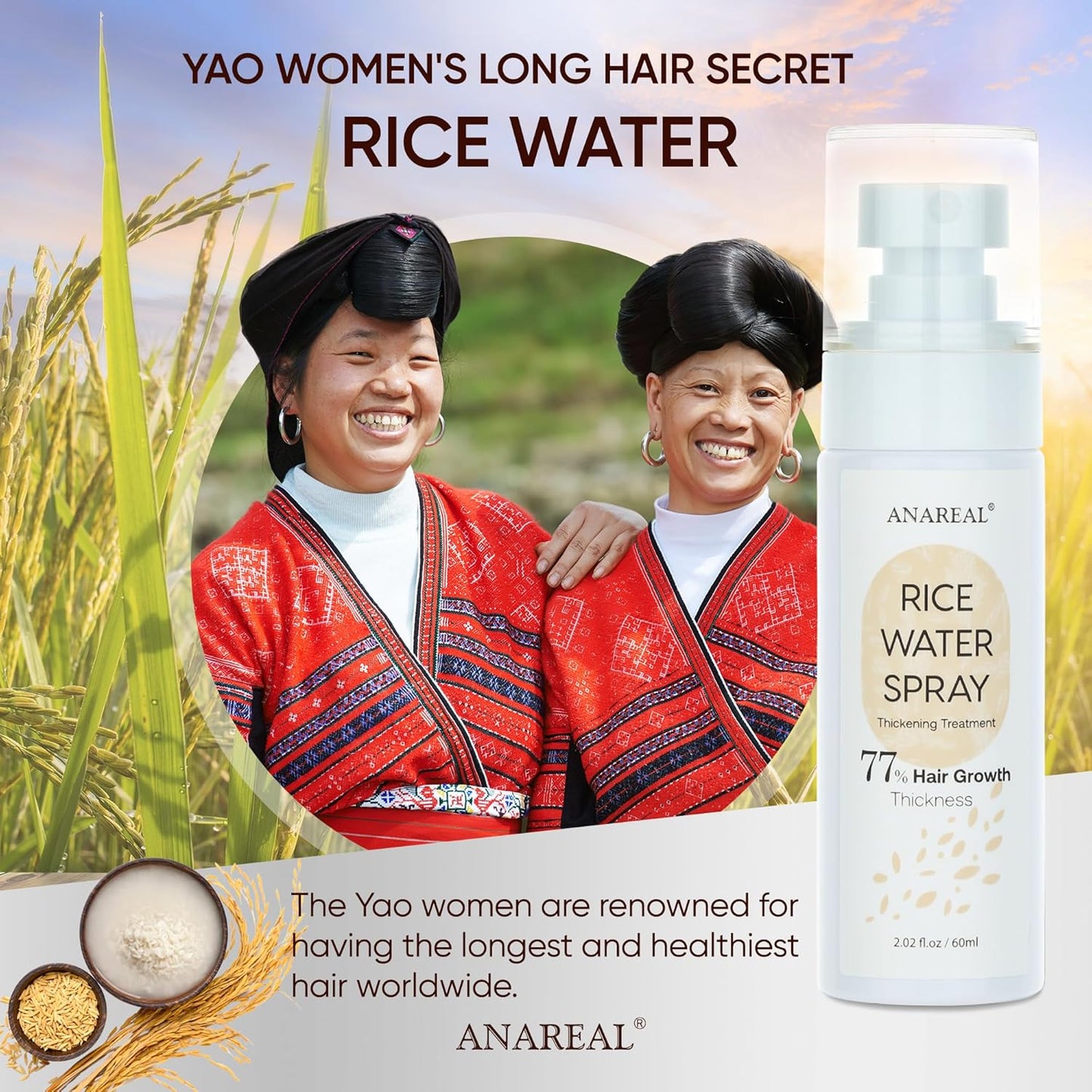 Hair Growth Oil Spray: Fermented Rice Water with Biotin & Castor Oil for Daily Hair Thickening & Scalp Nourishment - Natural Non-greasy 2oz