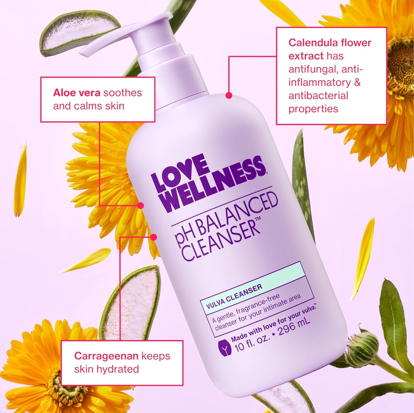 Love Wellness pH Balancing Cleanser | Feminine Vulva Wash for Intimate Health & Hygiene | Fragrance-Free, Non-Irritating & pH Matched | With Aloe Vera & Calendula for Sensitive Skin | 10 Fl Oz