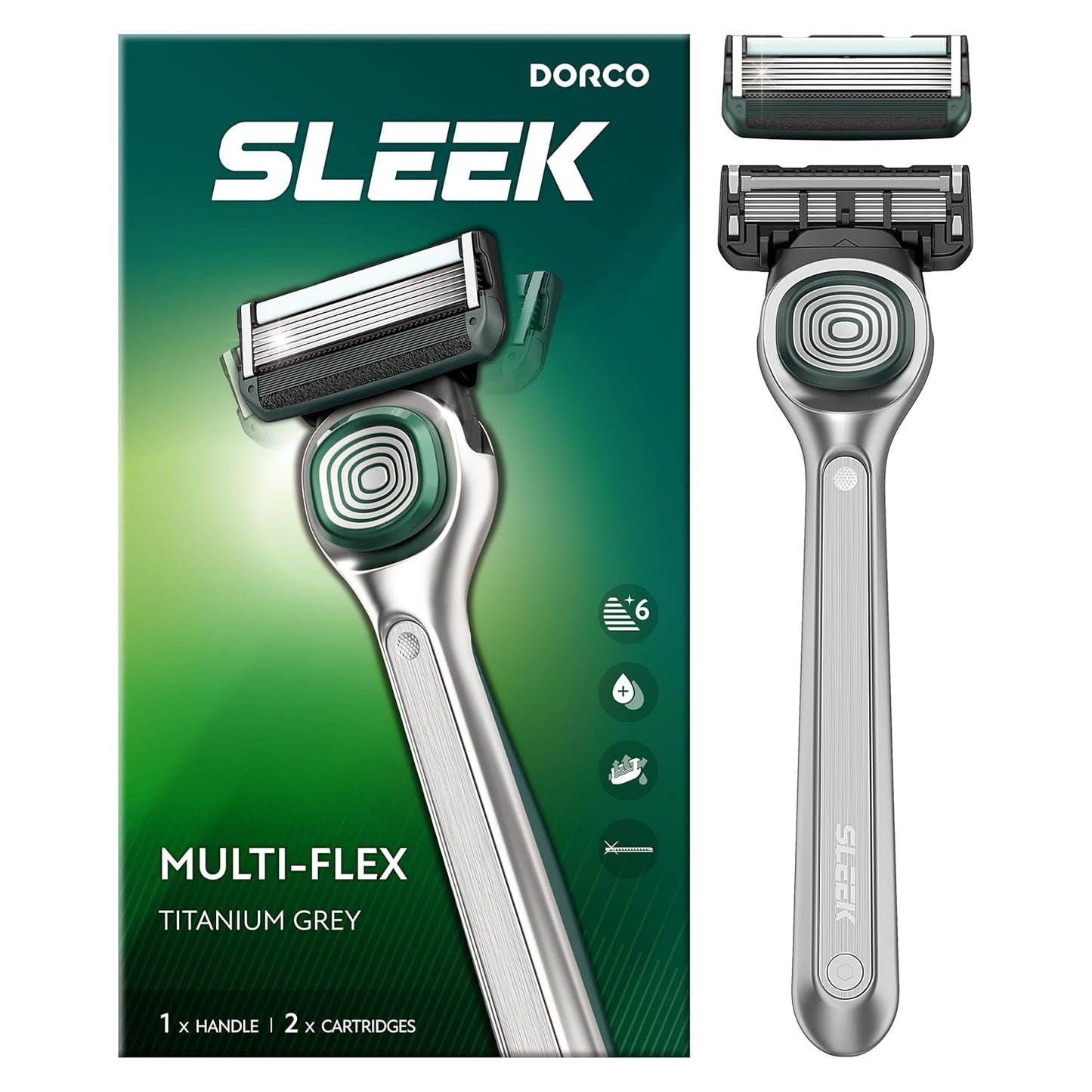 DORCO SLEEK Six Blade Razor System with Multi-Flex Technology, Precision Shaving Razor Handle, Includes 2 Cartridges