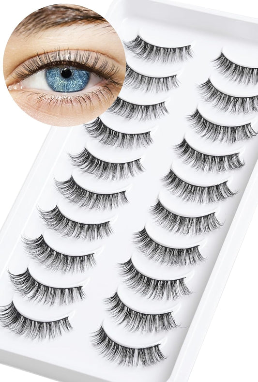 Lashes Wispy False Eyelashes Cat Eye Lashes Natural Look 3D Volume Fake Eyelashes Thin Band Lashes 12mm Natural Eye Lashes C Curl Siligli Lashes Pack 10 Pair